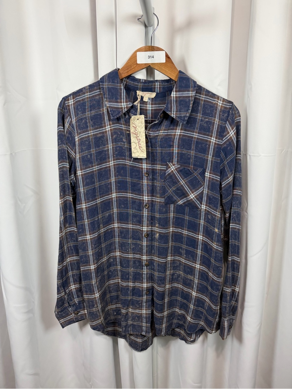 Mystree Women’s Small Plaid Button Down Shirt Blue Brown Rayon NWT Boho